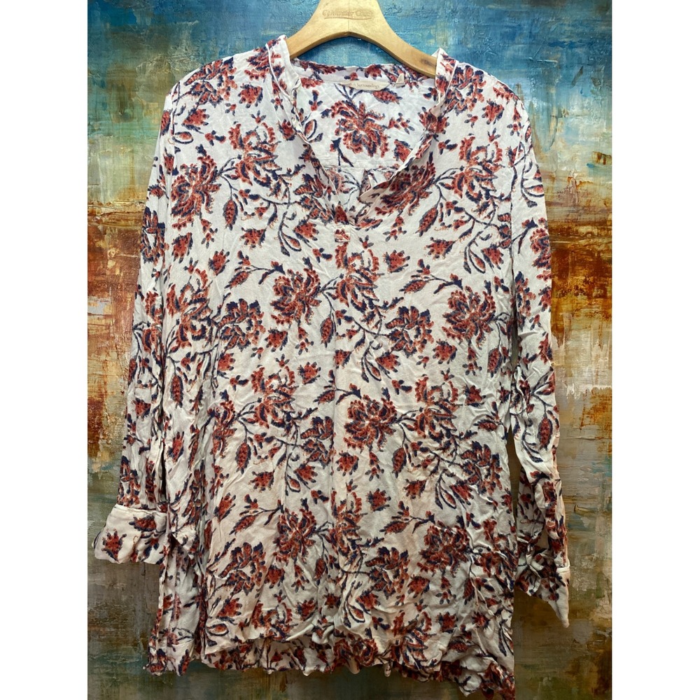 Soft Surroundings Floral Tunic‎ Top XL White Red Blue Rayon Split Neck 2AM43